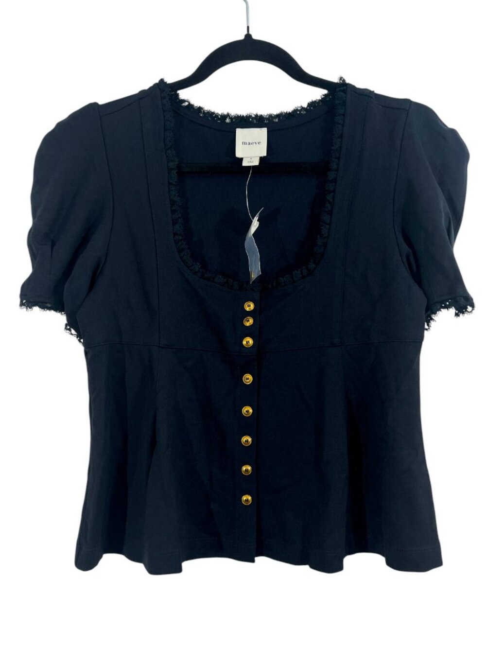 Anthropolgie Maeve Puff Sleeve Baby Doll Top Black New w/  Cut Tag